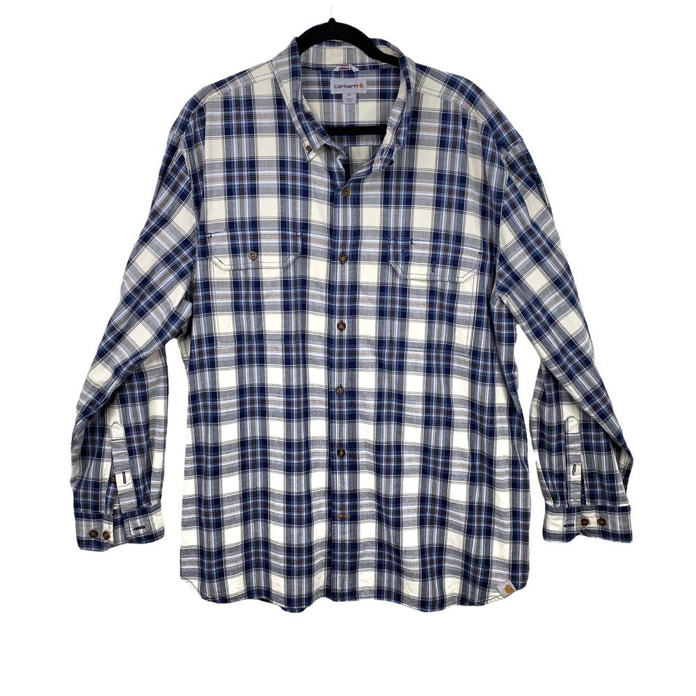 Carhartt Lightweight Long-Sleeve Relaxed Fit Blue/Cream/Orange Plaid Shirt-2XL